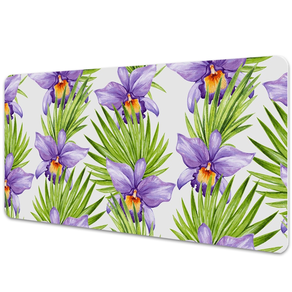 Veľká podložka na stôl Fialové orchidey a zelené listy.
