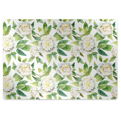 Podložka pod stoličku na kolieskach Akvarelové biele pivonky a lístie,