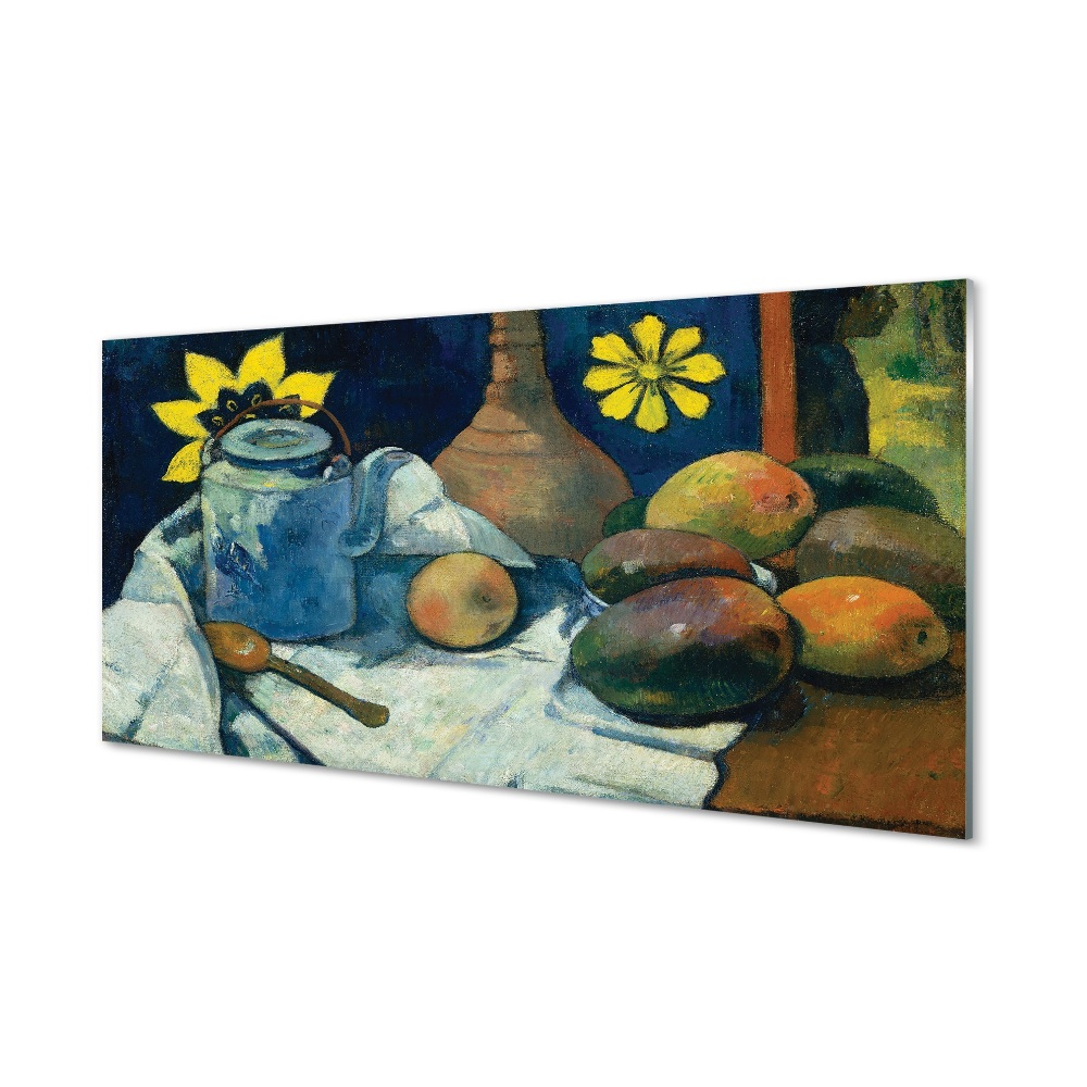 Sklenený obraz Paul Gauguin - Zátišie s kanvicou čaju a ovocím