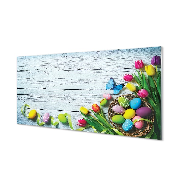 Obraz na skle Farebné vajíčka tulipány motýľ