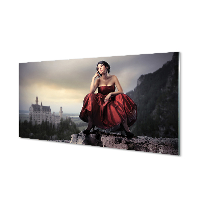 Sklenený obraz Žena horské šaty hrad