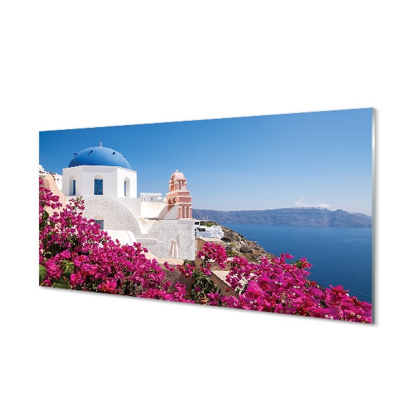 Skleneny obraz Grécko Santorini more kvety