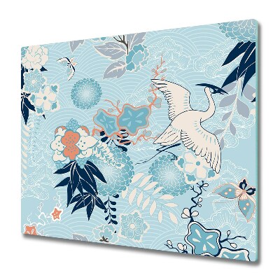 Sklenená doska na krájanie Orientálne žeriavy modré pozadie