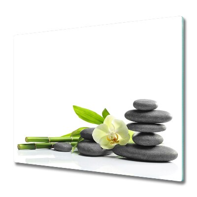 Sklenená doska na krájanie Orchidea a veža z kameňov