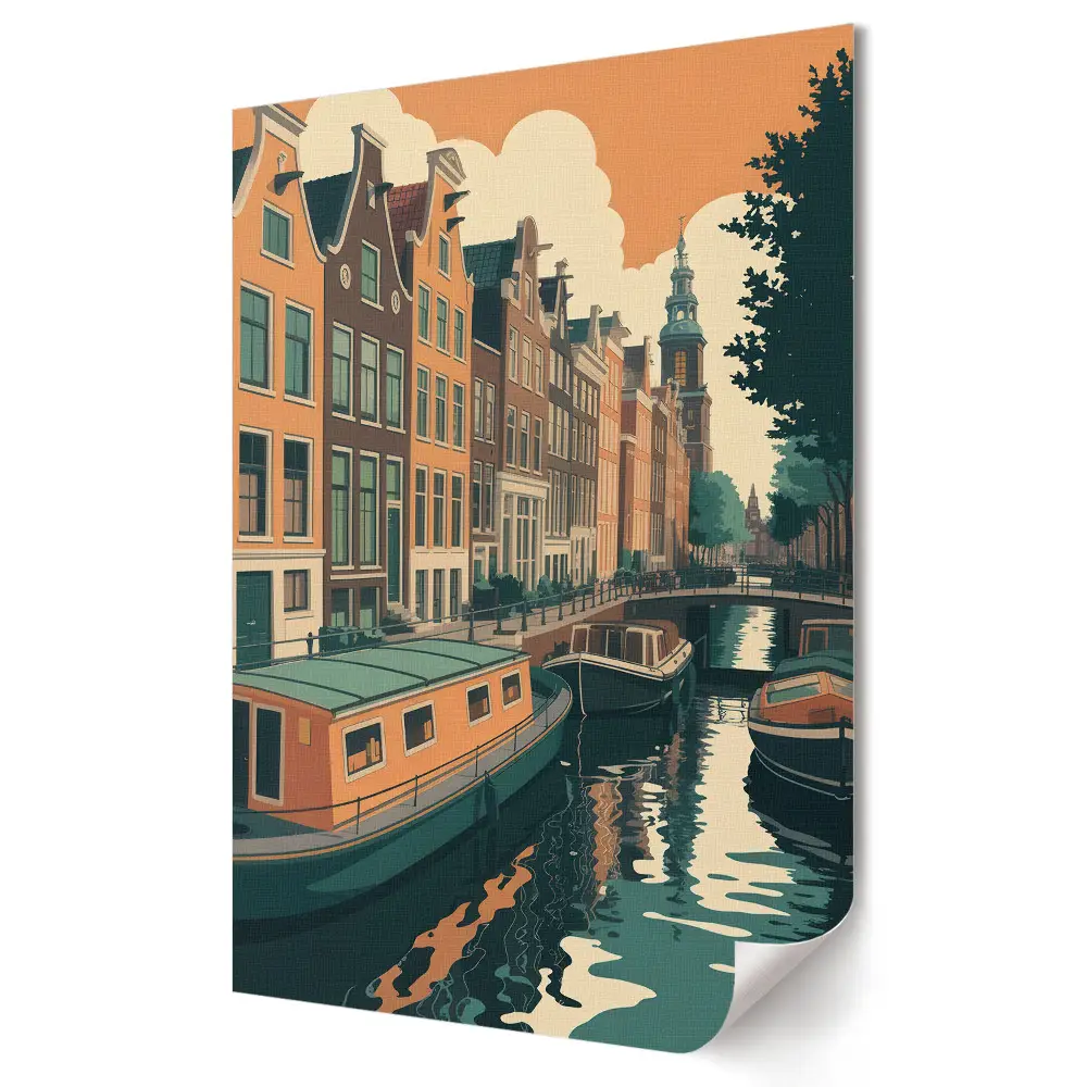 Retro plagát Očarujúce amsterdamské kanály pri západe slnka