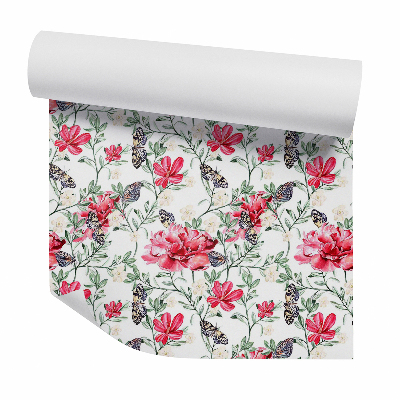 Tapeta Červené kvitnúce kvety a krásne motýle