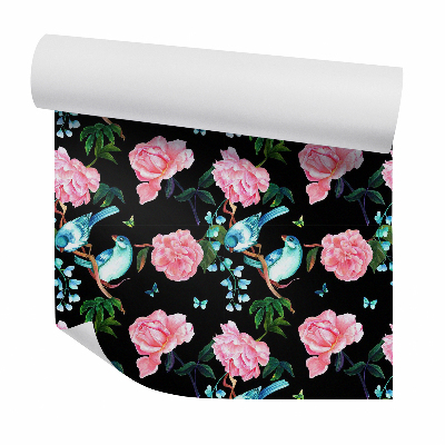 Tapeta na stenu Modrí vtáci na ružových kvetoch