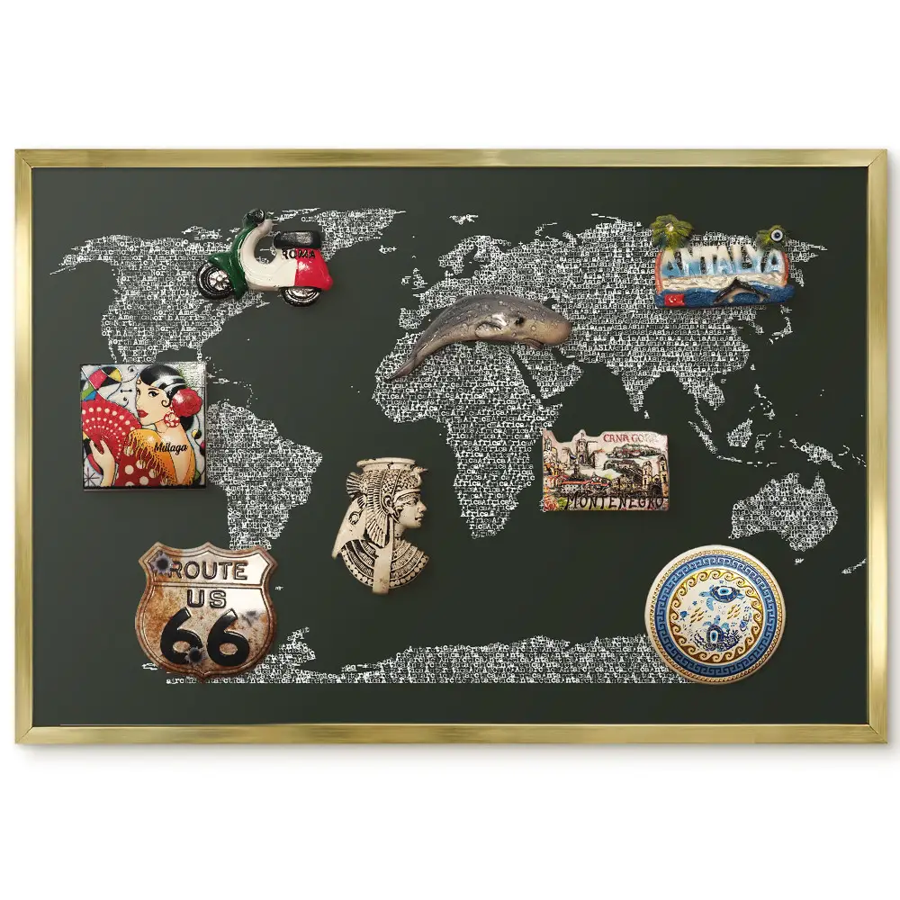 Magnetická nástenná tabuľa Mapa sveta v zlatom ráme s motívom písmen