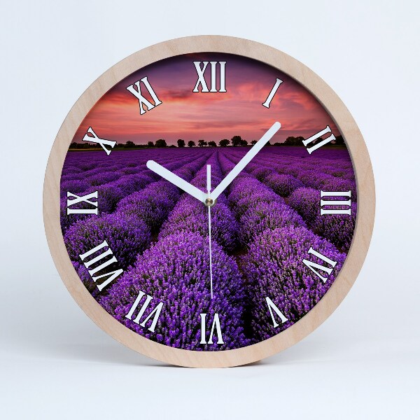 Drevené nástenné hodiny Levanduľové pole pri západe slnka.