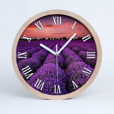 Drevené nástenné hodiny Levanduľové pole pri západe slnka.
