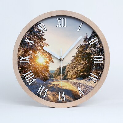 Drevené nástenné hodiny Cesta v lese v zime