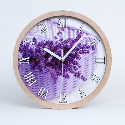 Nástenné drevené hodiny Levanduľa v košíku