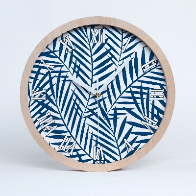 Drevené hodiny na stenu Modré palmové listy na bielom.