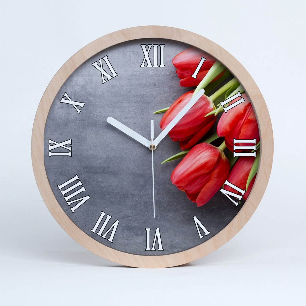 Drevené hodiny Červené tulipány