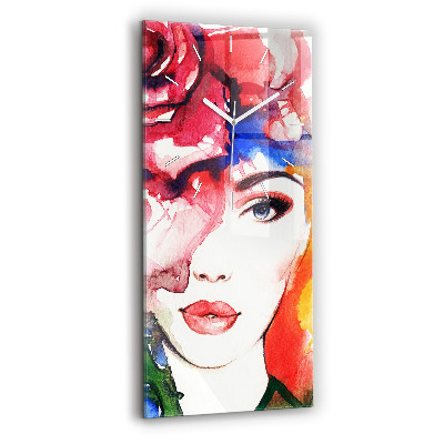 Vertikálne sklenené hodiny Farebný portrét ženy