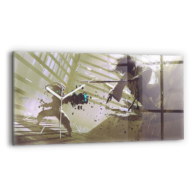 Sklenené hodiny na stenu Boj medzi robotom a samurajom