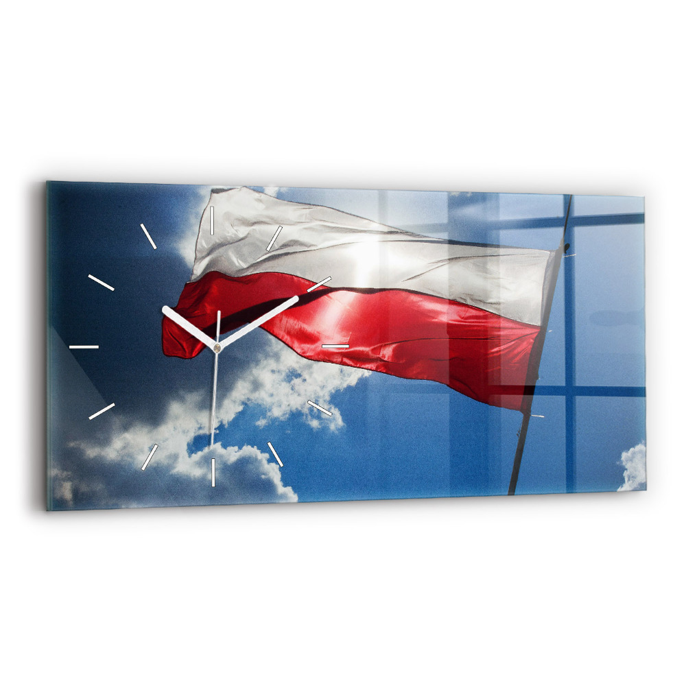 Horizontálne sklenené hodiny Poľská vlajka na pozadí oblohy