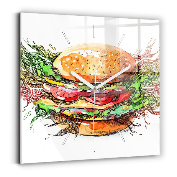 Sklenené hodiny na stenu XXL syrový hamburger