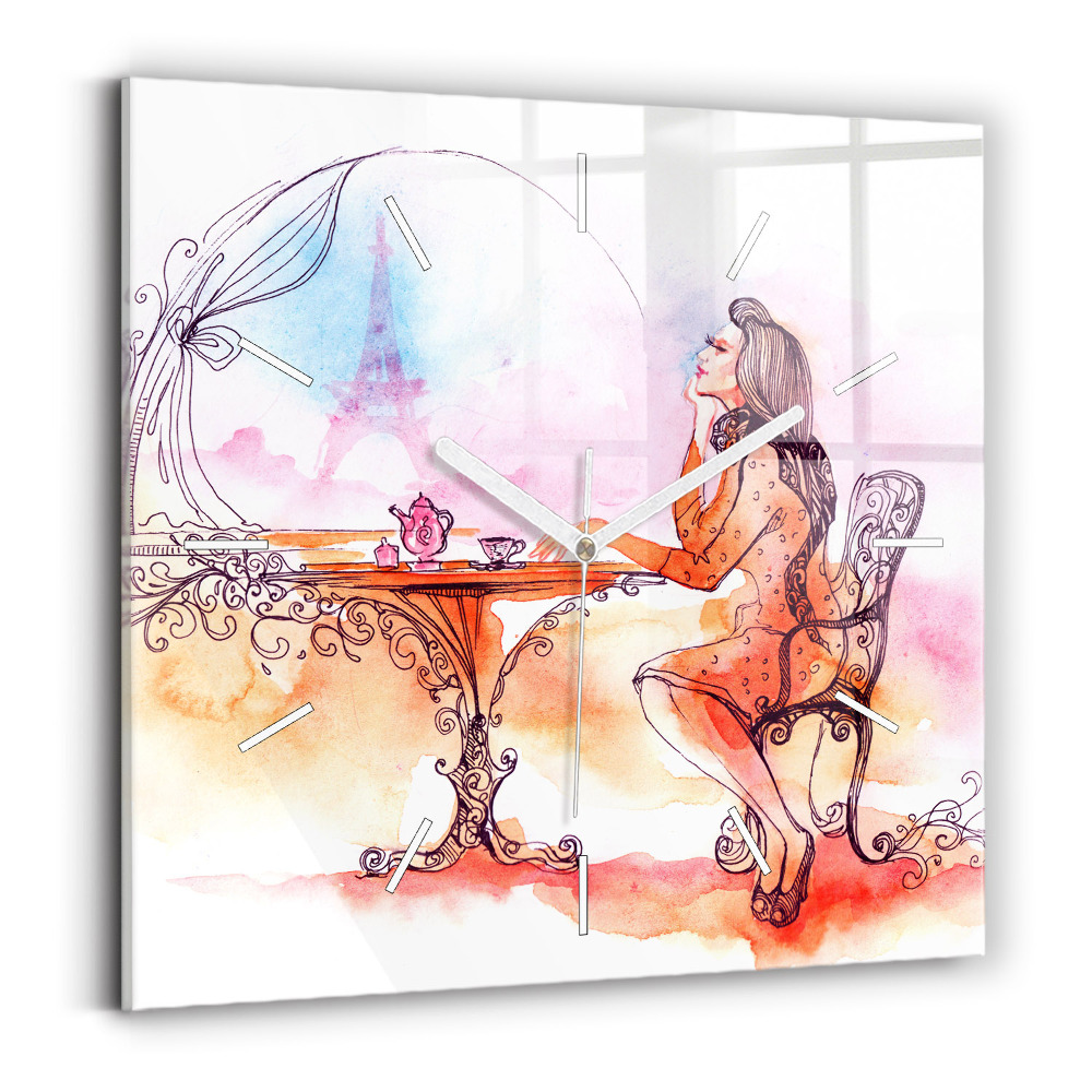 Sklenené hodiny na stenu Žena pije čaj