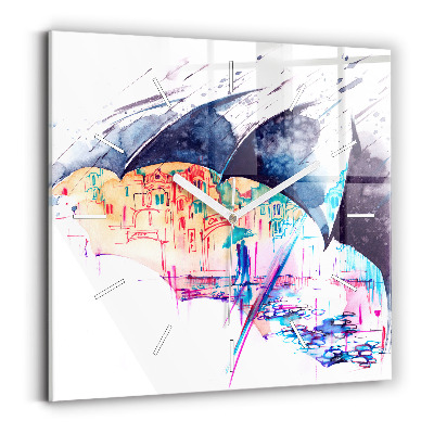 Štvorcové nástenné hodiny Dáždnik a mesto