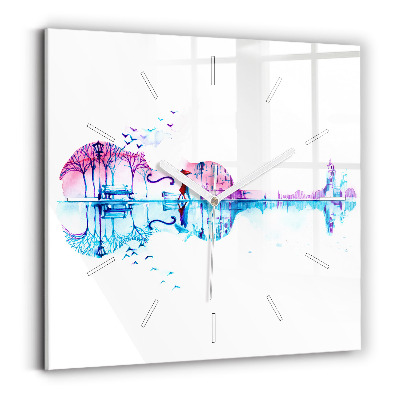 Sklenené hodiny na stenu Jazero v parku Cello