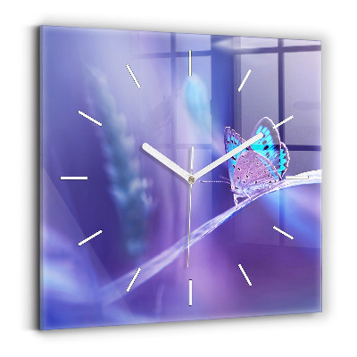Sklenené hodiny na stenu Motýľ na tráve