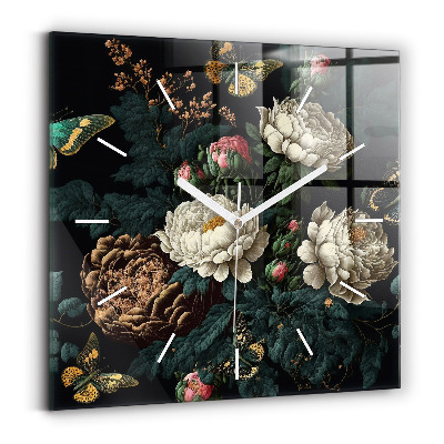 Štvorcové nástenné hodiny Kvetina a zlaté motýle