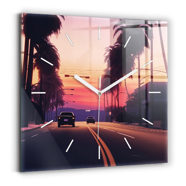 Štvorcové nástenné hodiny Západ slnka v Los Angeles