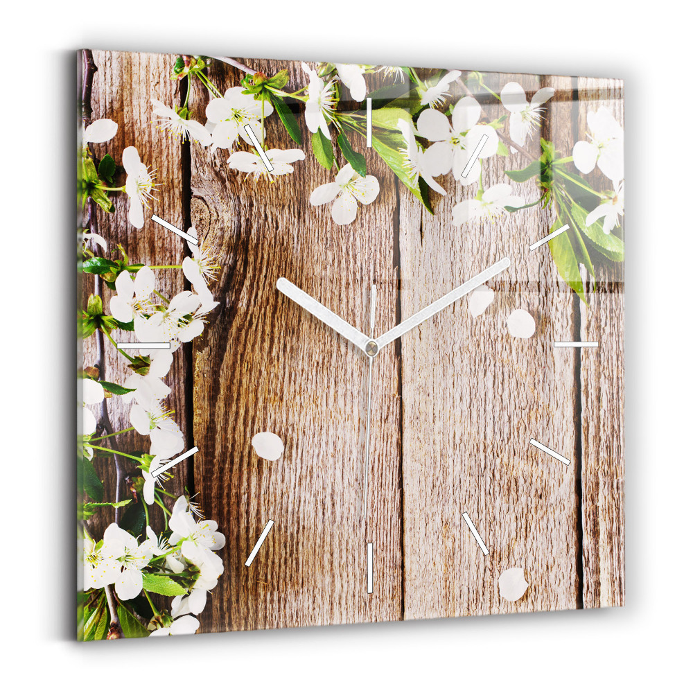 Štvorcové nástenné hodiny Kvety na dreve