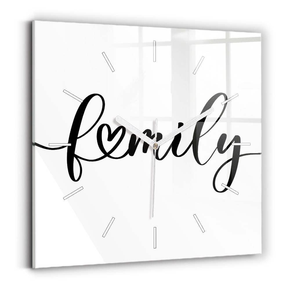 Sklenené hodiny na stenu Rodinný nápis a srdce