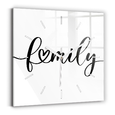 Sklenené hodiny na stenu Rodinný nápis a srdce