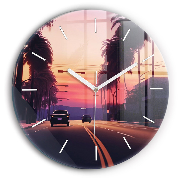 Okrúhle sklenené hodiny Západ slnka v Los Angeles