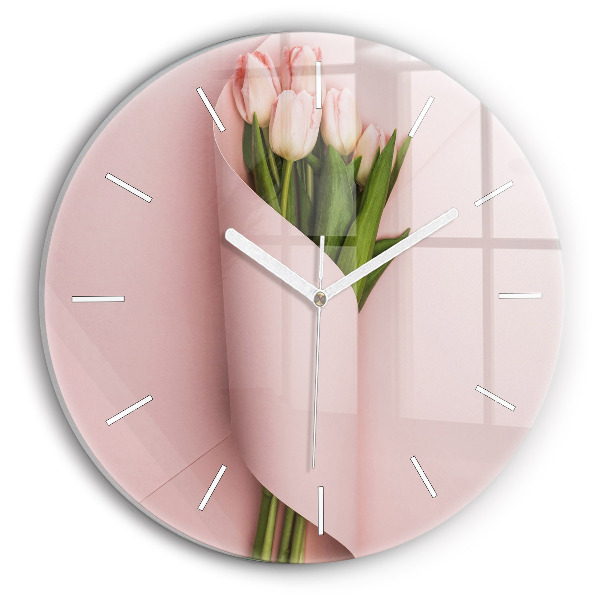 Okrúhle sklenené hodiny Kytica kvetov tulipánov